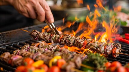 Grilling Chicken Skewers on a Barbecue Grill. Outdoor BBQ Food