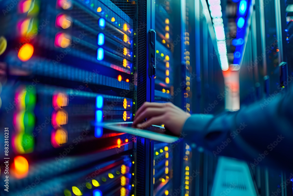 Poster close up it engineer holding laptop checking in big database server center office, high speed data t