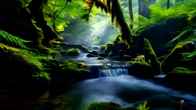 The natural landscape is beautiful with a calmly flowing river and green mossy rocks. Every corner has lush green  vegetation and also frogs. . Seamless looping 4k time-lapse animation video backgroun
