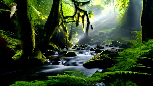 The natural landscape is beautiful with a calmly flowing river and green mossy rocks. Every corner has lush green  vegetation and also frogs. . Seamless looping 4k time-lapse animation video backgroun