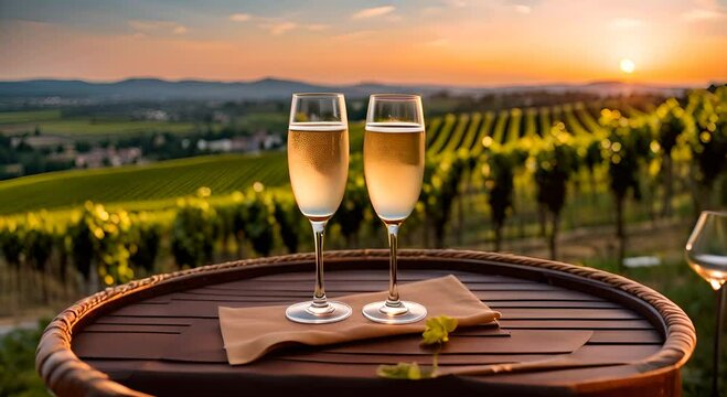 Champagne glasses in a vineyard.