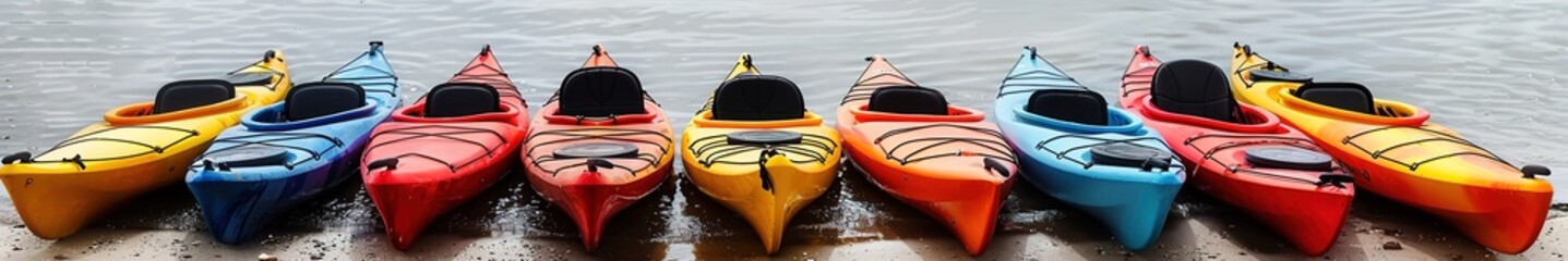 Obraz premium Colorful kayaks lined up on shore against water background.