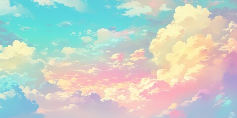 Abstract Minimalist Art Wallpaper Featuring a Dreamy Sky Panorama with Beautiful Natural Landscape. Romantic Blue Sky with Soft Fluffy Pink Clouds in Watercolor Anime Style Illustration. Serene and Co