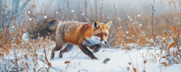 Sly red fox hunting for mice in a snowy field, 4K hyperrealistic photo