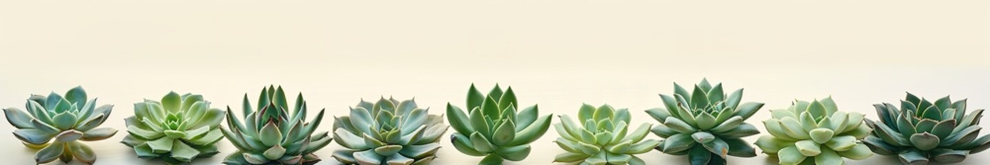 Fototapeta premium Succulent plants row on neutral background, panoramic design