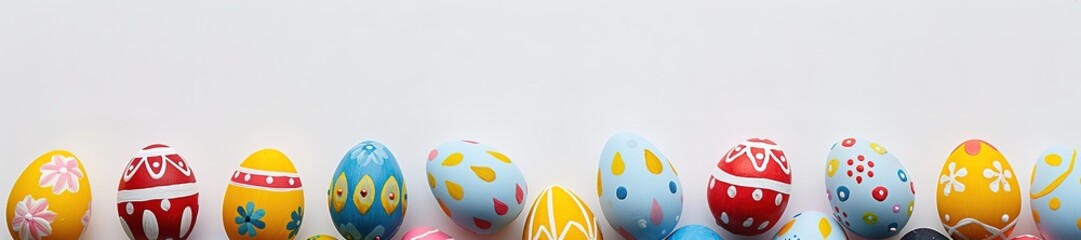Colorful painted Easter eggs lined up on a white background, ban