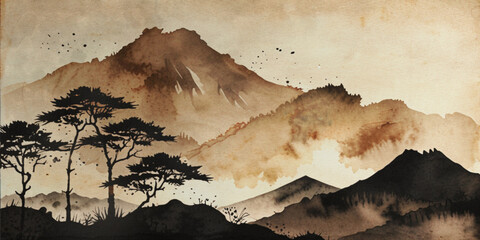 bleeding ink art, landscape , black ink, watercolor grunge old paper texture, interior wall decoration