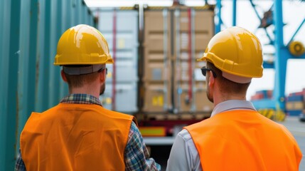 Cargo workers securing truck at port with focus on safety, copy space available, deep depth of field, covers all objects.