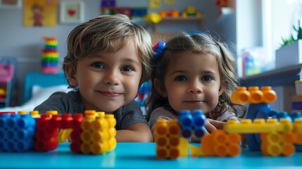 Fototapeta premium Two young children smiling and playing with colorful building blocks.
