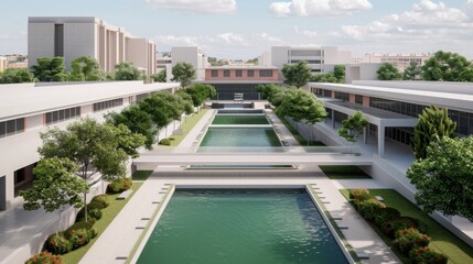 Fototapeta premium Modern architectural complex with large water features, greenery, and surrounding buildings under a bright blue sky with scattered clouds.