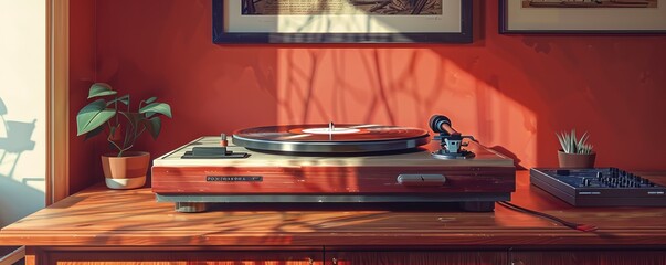 A photorealistic painting of a classic vinyl record player spinning a record, the warm sound filling the room.