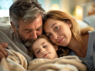 Obraz premium Create a heartwarming scene showing parents comforting a child patient, ensuring the emotional connection and family support are palpable in the soft, reassuring light