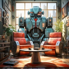 Fototapeta premium Retro 80s Living Room with CRT TV and Transformers Illustration