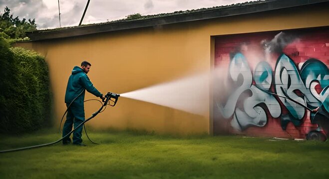 Cleaner cleaning graffiti with water. Graffiti cleaner.
