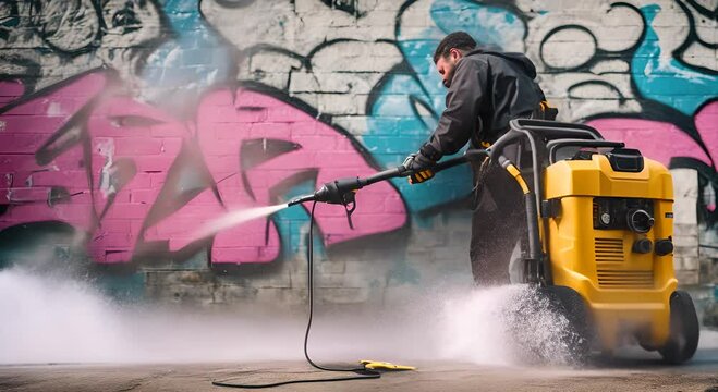 Cleaner cleaning graffiti with water. Graffiti cleaner.