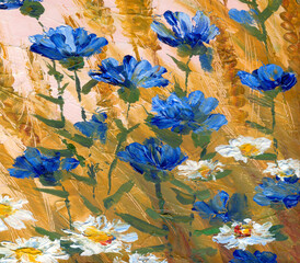 Cornflowers in a wheat field. Oil painting