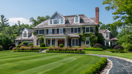 Fototapeta premium a home at sunset with a garage attached to it,Beautiful residential home exterior on bright sunny day with green grass and blue sky,colonial house exterior, with view of lush lawn and gardens 
