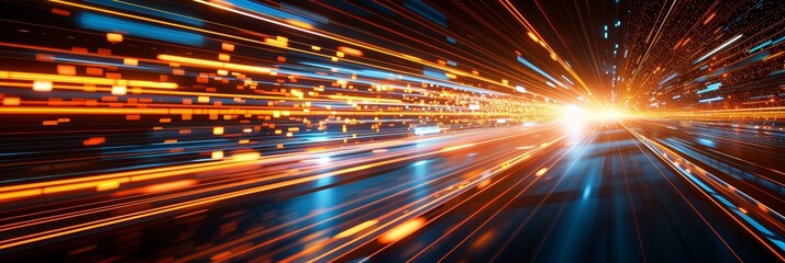 Abstract Tech Background, Big Data Digital Code, Orange and Blue Light Streaks Moving Fast