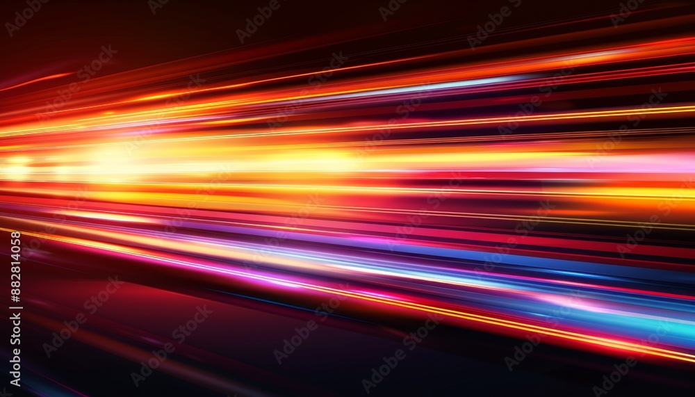 Poster abstract light trails of traffic, long exposure of fast moving objects over black background