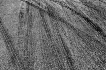 Aerial view Textured background vehicle trace on asphalt road, Tire print texture background...