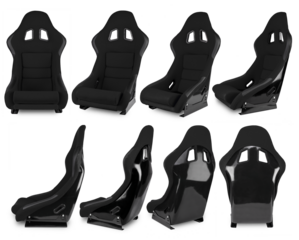 set collection of  black carbon fiber motorsport race car tuning  sim racing bucket seat isolated white background