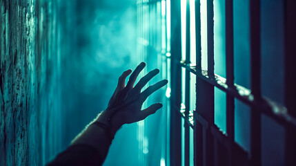 Obraz premium Prisoner reaching for freedom through jail bars