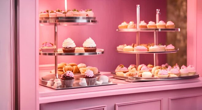 Interior of a pink pastry shop.