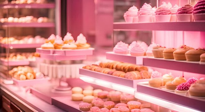 Interior of a pink pastry shop.