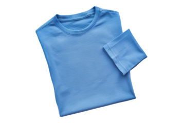 Photo of blue folded t-shirt isolated on transparent background