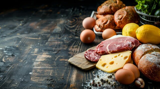 Variety of healthy and nutritious food items showcased on a charming rustic wooden background