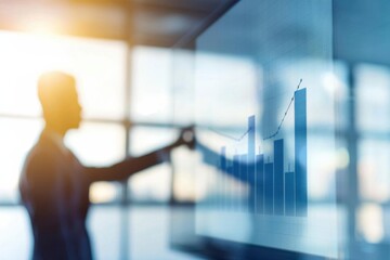 Business professional analyzing data and growth charts on a digital screen in a modern office with bright sunlight.
