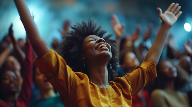 cinematic photographs of people in their thirties praising God in a mood of joy and happiness and gratitude