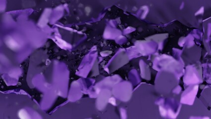 Abstract image with dynamic layout, purple shattered glass in chaotic composition, modern, intense, vibrant