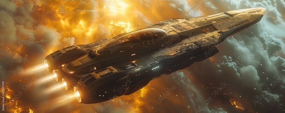 Poster a photorealistic depiction of a sleek spaceship soaring through a nebula, its engines glowing and it