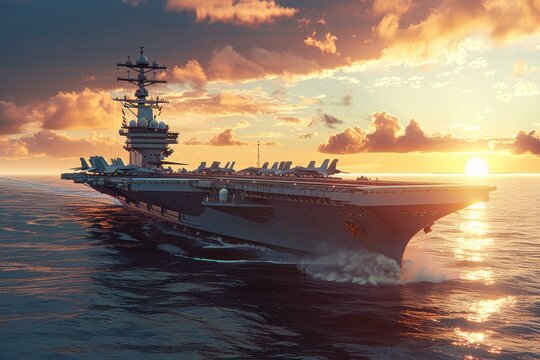 American Aircraft Carrier, a Modern Nimitz-Class Supercarrier, Sailing at Sunset, 3D Render