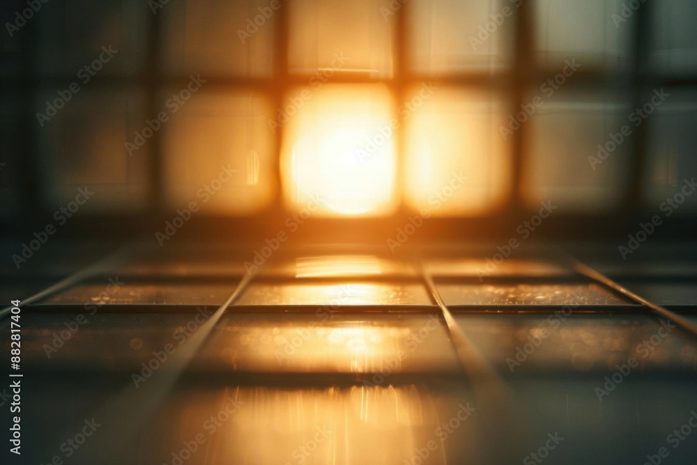 Poster abstract close-up of grid pattern floor with warm sunlight in the background, creating a serene and 