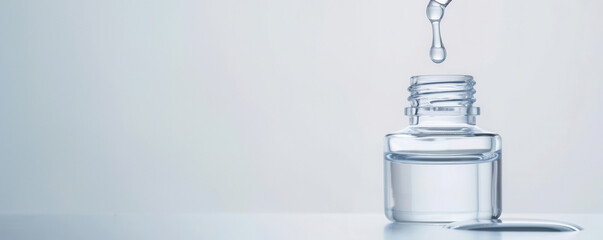 A clear glass dropper bottle with serum, clean white background, sharp focus, ample copy space, highend and professional