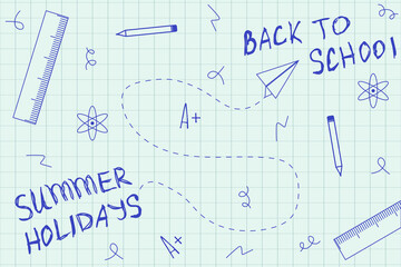 Back to School concept on checkered notebook sheet. Trendy Doodle hand drawn style Back to School background. Simple scribble vector illustration can used web social media study banner poster. EPS 10