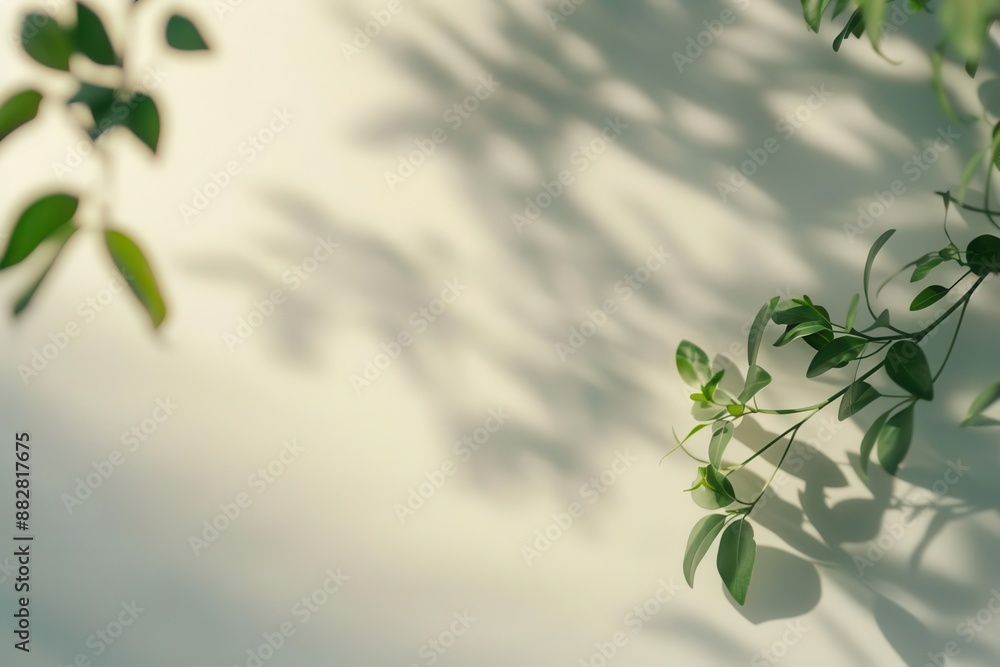 Poster sunlit green leaves casting soft shadows on a light wall, creating a serene and natural atmosphere.