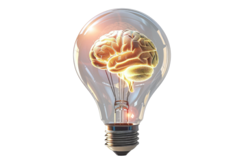Photo of brain inside a light bulb glowing isolated on transparent background