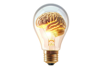 Photo of brain inside a light bulb glowing isolated on transparent background