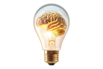 Photo of brain inside a light bulb glowing isolated on transparent background