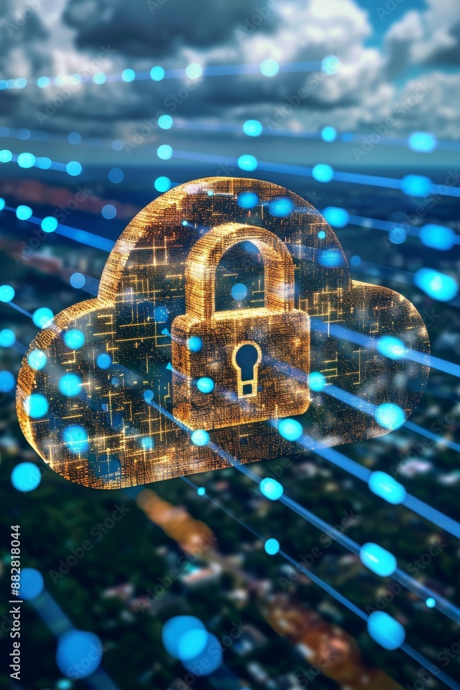 Poster futuristic cityscape with minimalist cloud and metallic lock icon symbolizing data security