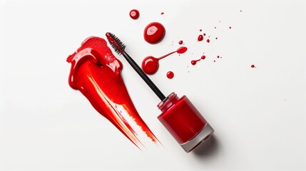 Bottle, brush and spilled red nail polish isolated on white, top view