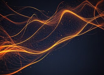 An abstract digital artwork of a dynamic wave of glowing orange lines across dark blue background