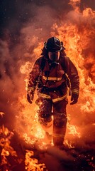 Fototapeta premium Heroic Firefighter Battling Raging Inferno with Unwavering Determination and Protective Gear