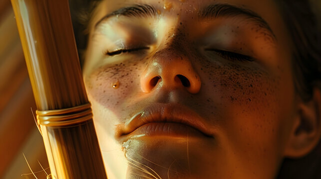 A closeup of a persons face eyes closed in deep relaxation as they listen to the soothing sounds of a rainstick being played.