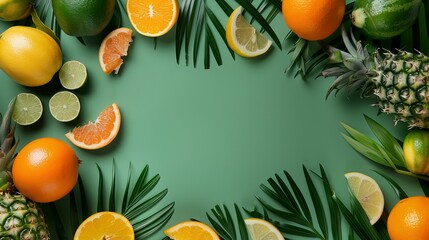 Refreshing composition of citrus fruits and tropical leaves on green background