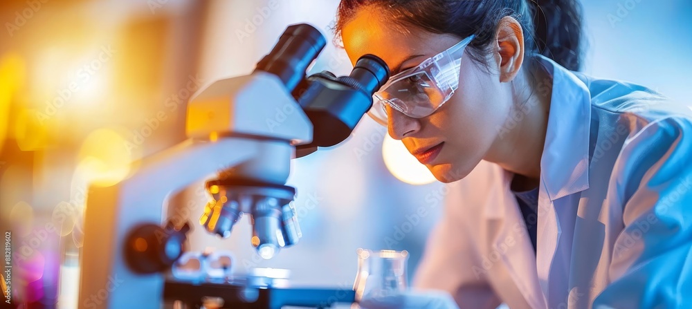 Poster scientist in lab coat pipetting liquid under microscope glow in pristine white lab setting