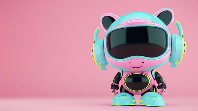 Adorable robot with music headphones on pastel background poster with copy space for text
